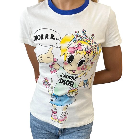 Christian Dior Vintage 2005 J'ADORE Cartoon T-shirt Top #40 White  [106409] - Picture 1 of 11